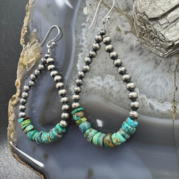 Sterling 4mm Navajo Pearl Southwester Style & 6mm Turquoise Bead Hoop Earrings - Picture 4 of 10